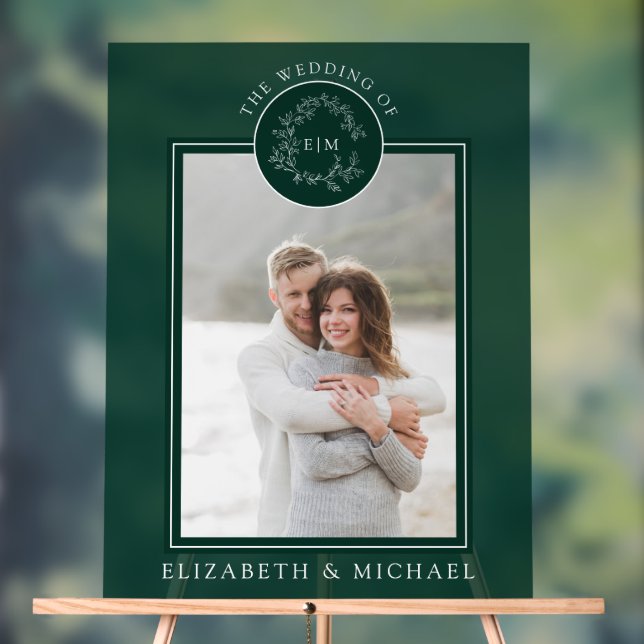 Emerald Green Leafy Crest Monogram Photo Wedding Acrylic Sign (Neutral)