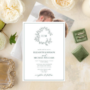 Emerald Green Leafy Crest Monogram Photo Wedding Invitation
