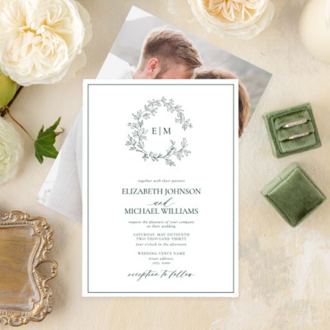 Emerald Green Leafy Crest Monogram Photo Wedding Invitation (Creator Uploaded)