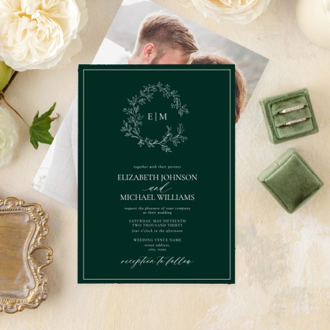 Emerald Green Leafy Crest Monogram Photo Wedding  Invitation (Creator Uploaded)