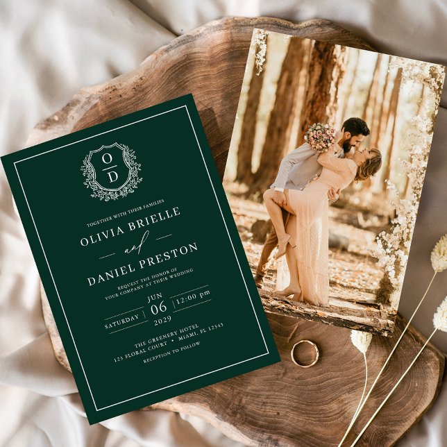 Emerald Green Leafy Crest Monogram Photo Wedding Invitation (Creator Uploaded)
