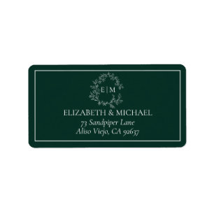 Emerald Green Leafy Crest Monogram Wedding Address Label