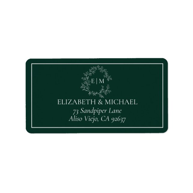Emerald Green Leafy Crest Monogram Wedding Address Label (Front)