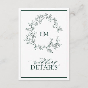 Emerald Green Leafy Crest Monogram Wedding Details Enclosure Card