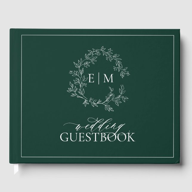 Emerald Green Leafy Crest Monogram Wedding Guest Book (Front)