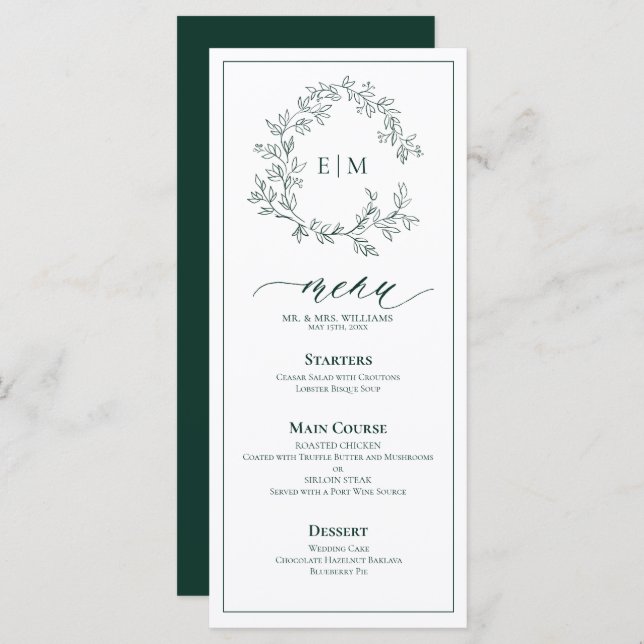 Emerald Green Leafy Crest Monogram Wedding Menu (Front/Back)