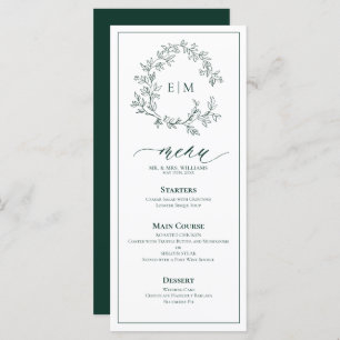 Emerald Green Leafy Crest Monogram Wedding Menu