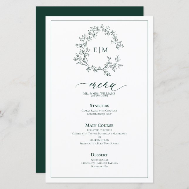 Emerald Green Leafy Crest Monogram Wedding Menu (Front/Back)