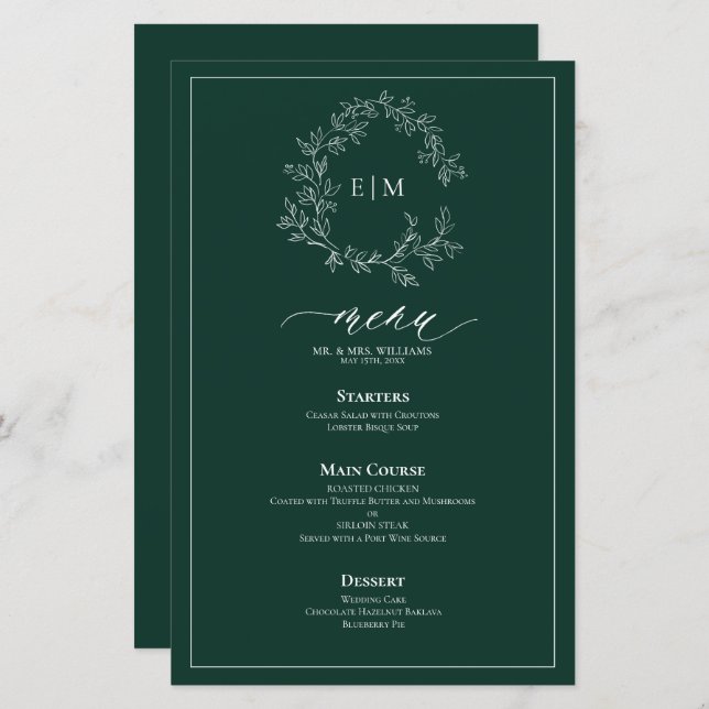 Emerald Green Leafy Crest Monogram Wedding Menu (Front/Back)
