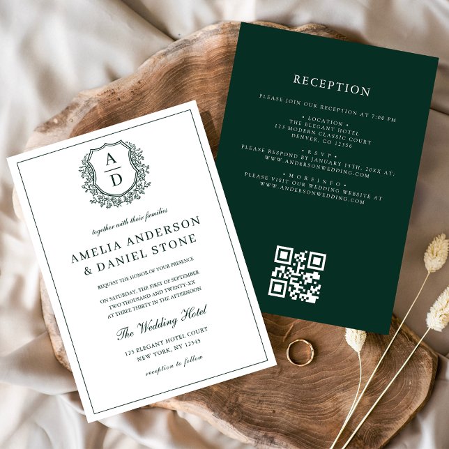 Emerald Green Leafy Crest Monogram Wedding QR Code Invitation (Creator Uploaded)