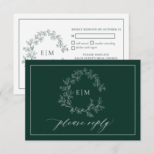 Emerald Green Leafy Crest Monogram Wedding RSVP  Card (Front/Back)