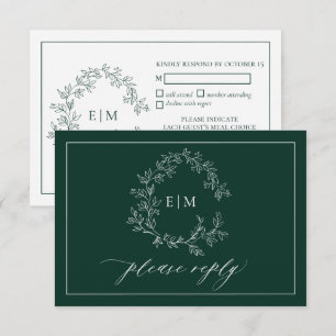 Emerald Green Leafy Crest Monogram Wedding RSVP Card