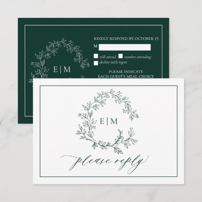 Emerald Green Leafy Crest Monogram Wedding RSVP Card (Front/Back)