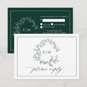 Emerald Green Leafy Crest Monogram Wedding RSVP Card