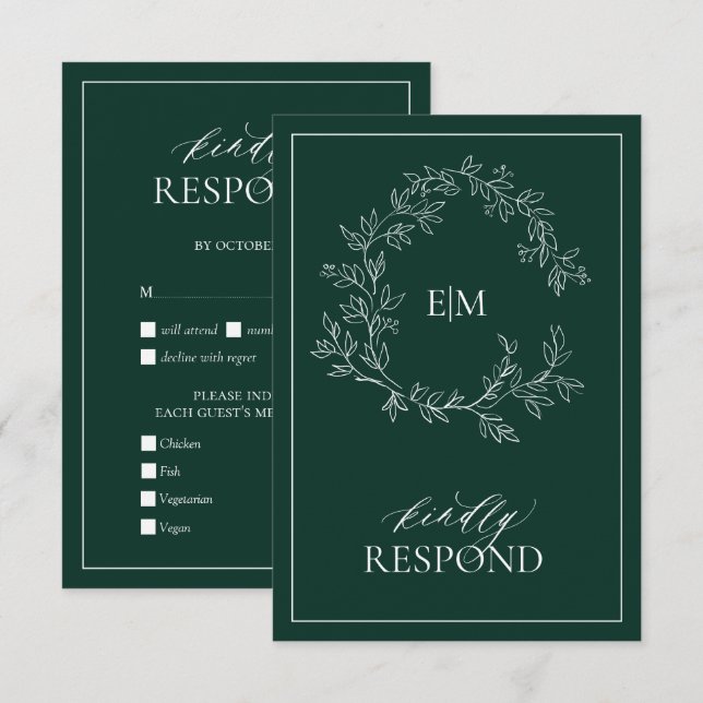 Emerald Green Leafy Crest Monogram Wedding RSVP Card (Front/Back)