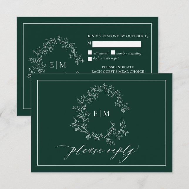 Emerald Green Leafy Crest Monogram Wedding RSVP Card (Front/Back)