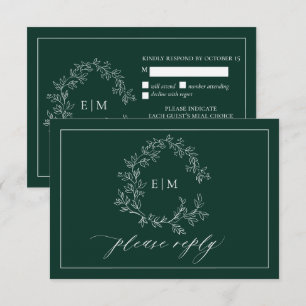 Emerald Green Leafy Crest Monogram Wedding RSVP Card