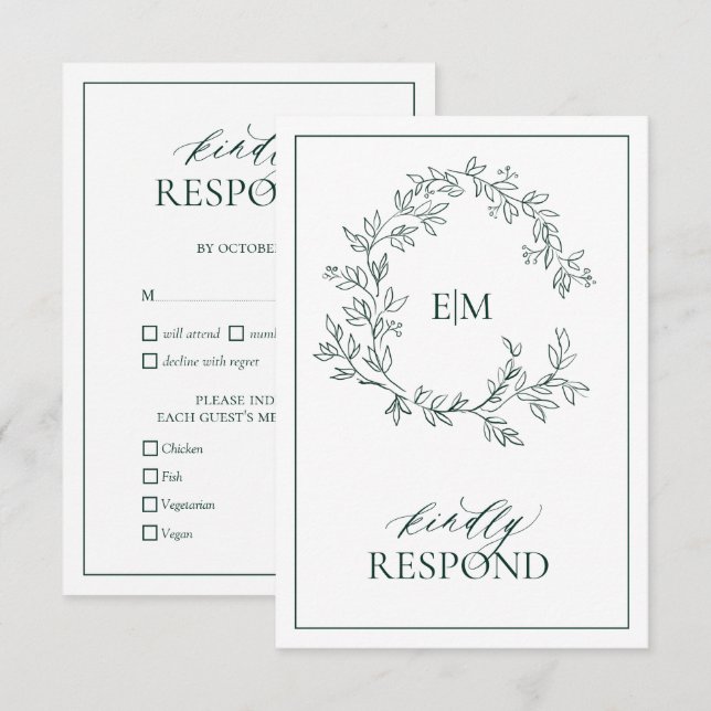 Emerald Green Leafy Crest Monogram Wedding RSVP Card (Front/Back)
