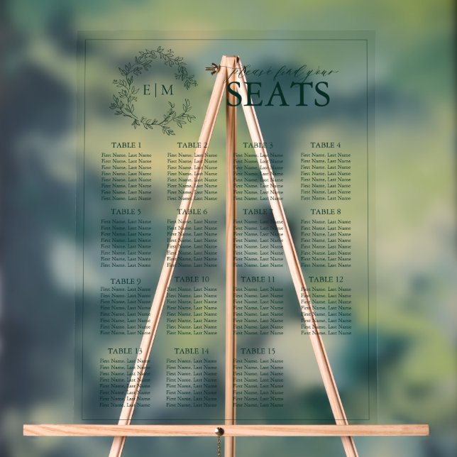 Emerald Green Leafy Crest Monogram Wedding Seating Acrylic Sign (Neutral)