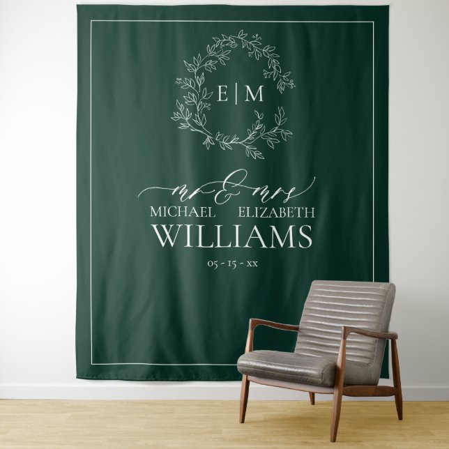 Emerald Green Leafy Crest Monogram Wedding Tapestry (In Situ)