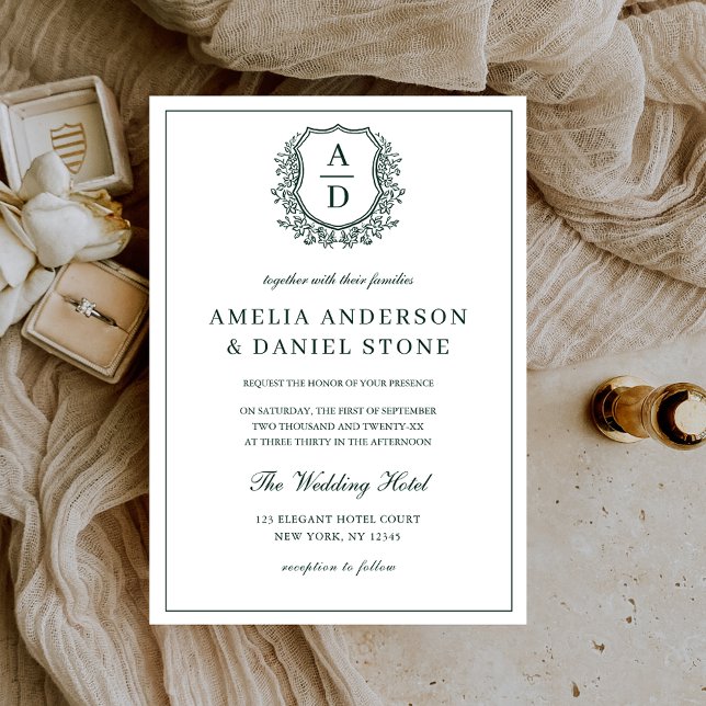 Emerald Green Leafy Floral Crest Monogram Wedding  Invitation (Creator Uploaded)