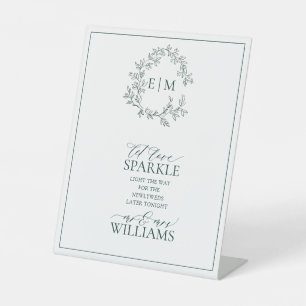 Emerald Green Leafy Monogram Let Love Sparkle Pedestal Sign