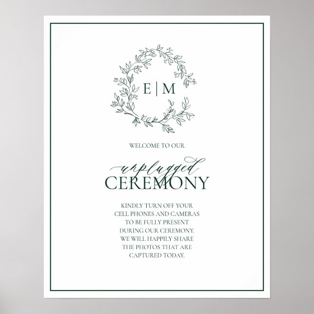 Emerald Green Leafy Monogram Unplugged Wedding Poster (Front)