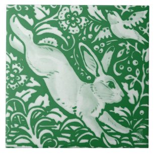 Emerald Green Leaping Rabbit Bunny Floral Garden Ceramic Tile