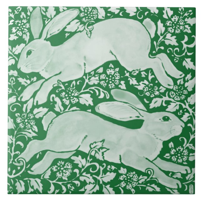 Emerald Green Leaping Rabbits Chinoiserie Floral  Ceramic Tile (Front)