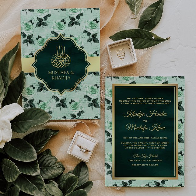 Emerald Green Leaves and Mint Roses Muslim Wedding Invitation (Creator Uploaded)
