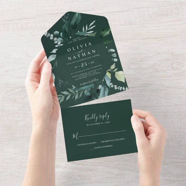 Emerald Green Leaves Frame Wedding All In One Invitation (Tearaway)