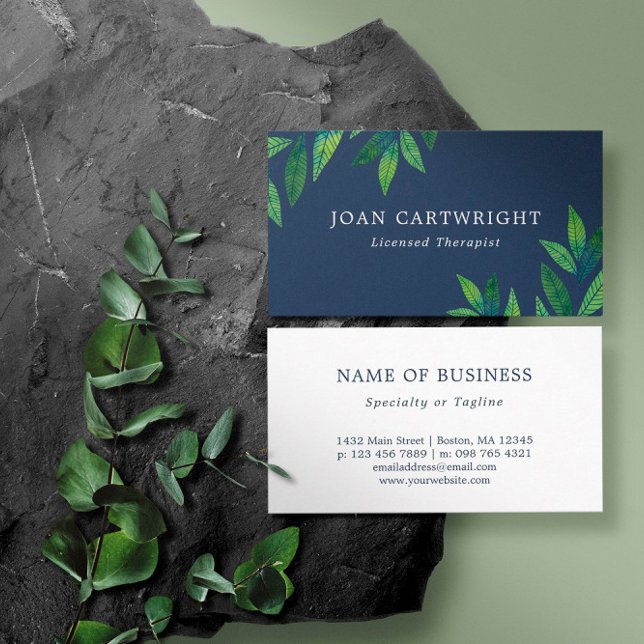 Emerald Green Leaves Navy Blue Therapist Business Card (Creator Uploaded)