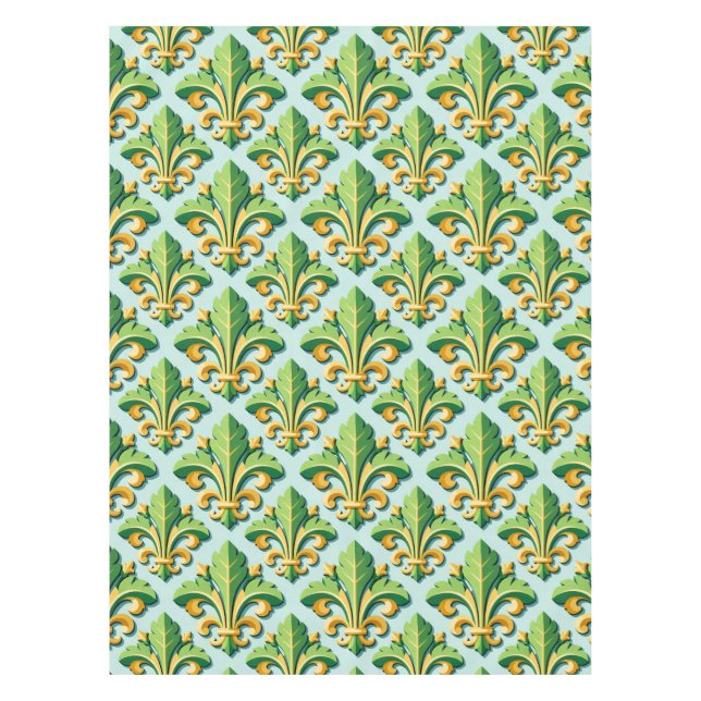 emerald green leaves with golden scrollwork tablecloth (Front)