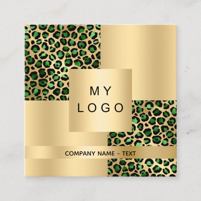 Emerald green leopard gold pattern logo QR code Square Business Card (Front)