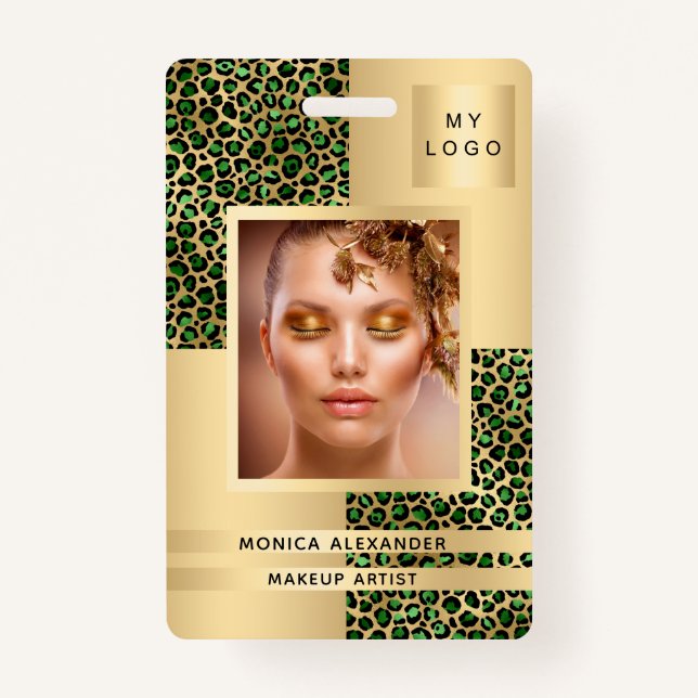 Emerald green leopard photo business ID badge (Front)