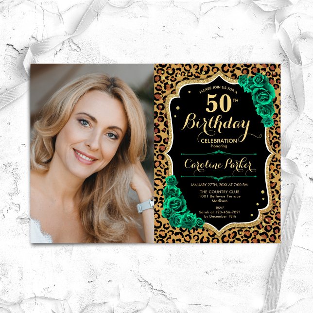 Emerald Green Leopard Print Photo 50th Birthday Invitation (Creator Uploaded)