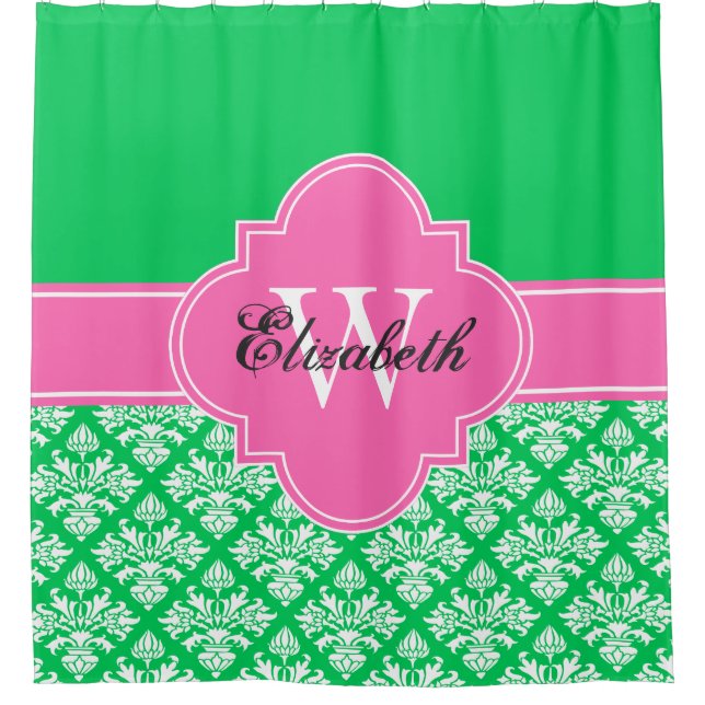 Emerald Green LG Damask #3 CB1IR Hot Pink Monogram Shower Curtain (Front)