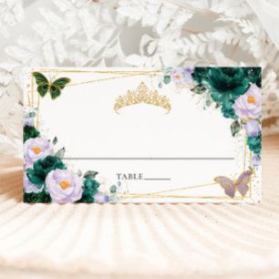 Emerald Green Lilac Purple Floral Quinceañera 16th Place Card