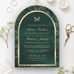 Emerald Green Line Art Gold Arch Butterfly Wedding Invitation