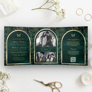 Emerald Green Line Art Gold Arch Butterfly Wedding Tri-Fold Invitation