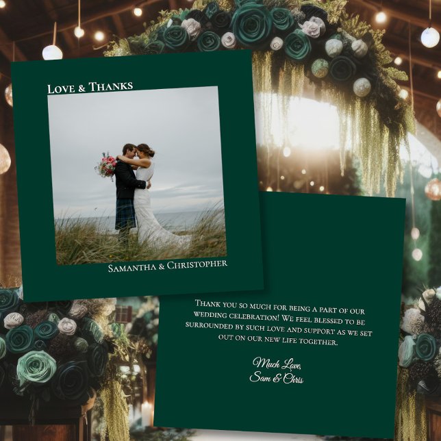 Emerald Green Love & Thanks Photo & Note Wedding Thank You Card (Front/Back)