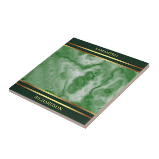 Emerald Green Marble And Gold Stripes Name Ceramic Tile