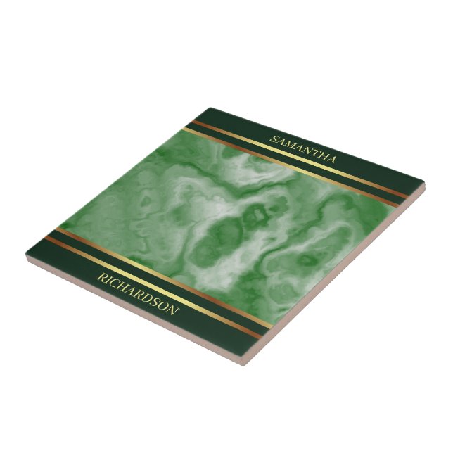 Emerald Green Marble And Gold Stripes Name Ceramic Tile (Side)