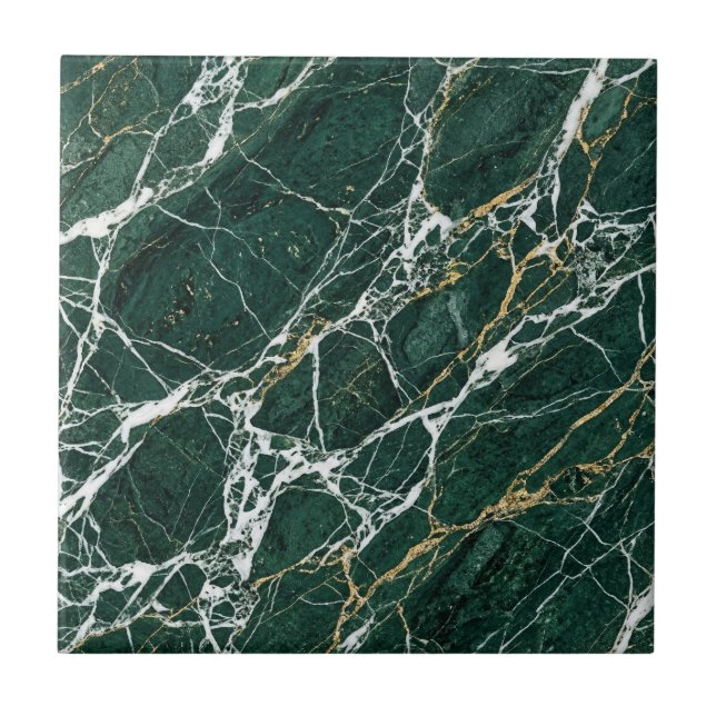 Emerald Green Marble Elegant Gold Veining Modern Ceramic Tile (Front)