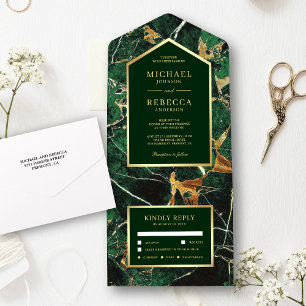 Emerald Green Marble Faux Gold Foil Wedding All In One Invitation