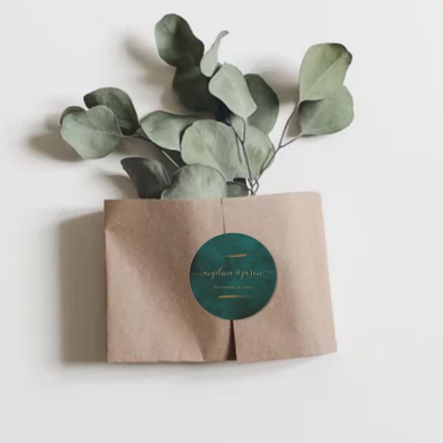 Emerald Green Marble & Gold Eucalyptus Wedding  Classic Round Sticker (Creator Uploaded)