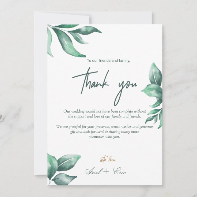 Emerald Green Marble & Gold Eucalyptus Wedding  Thank You Card (Front)