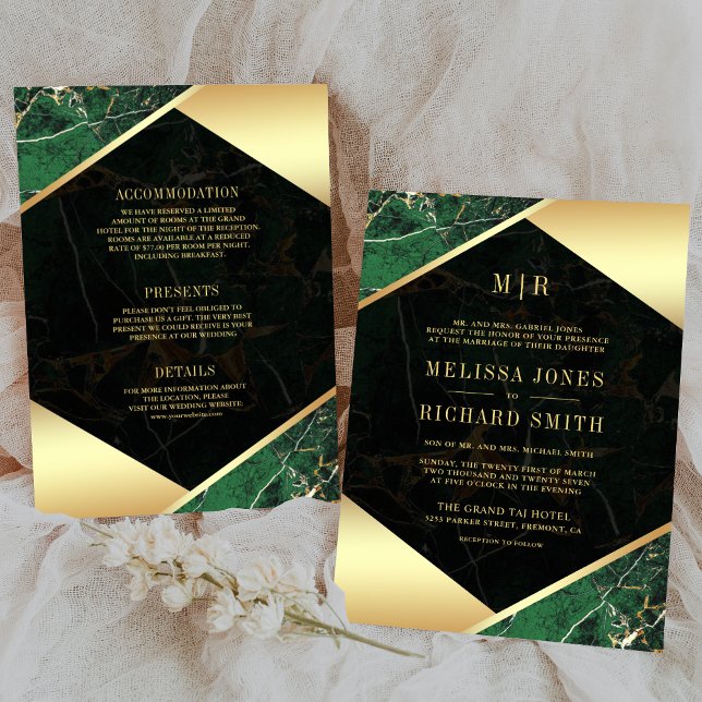 Emerald Green Marble Monogram All in One Wedding Invitation (Creator Uploaded)