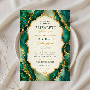 Emerald Green Marble Sage Green and Gold Agate Acrylic Invitations