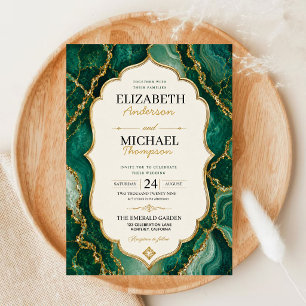 Emerald Green Marble Sage Green and Gold Agate Invitation